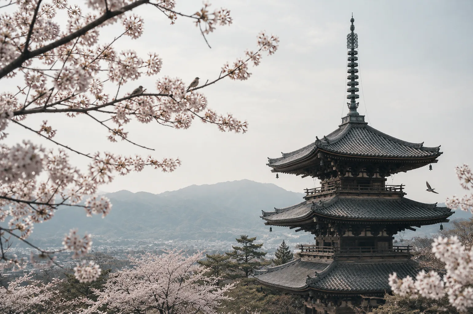 Pagoda a cinque piani tra i rami di un ciliegio in fiore, con un uccello in volo e le montagne di Kyoto sullo sfondo
