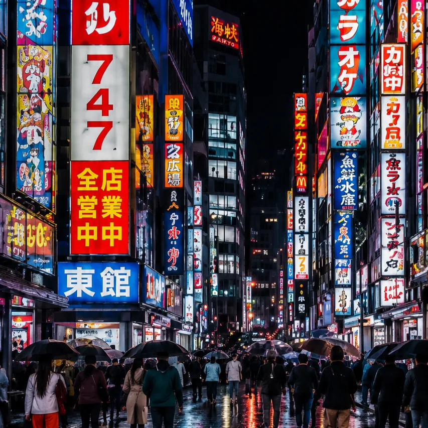 Incroci illuminati al neon di Shinjuku, Tokyo, di notte sotto la pioggia