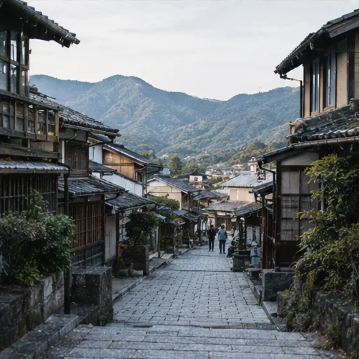 Antica via di Kyoto con case tradizionali e montagne sullo sfondo